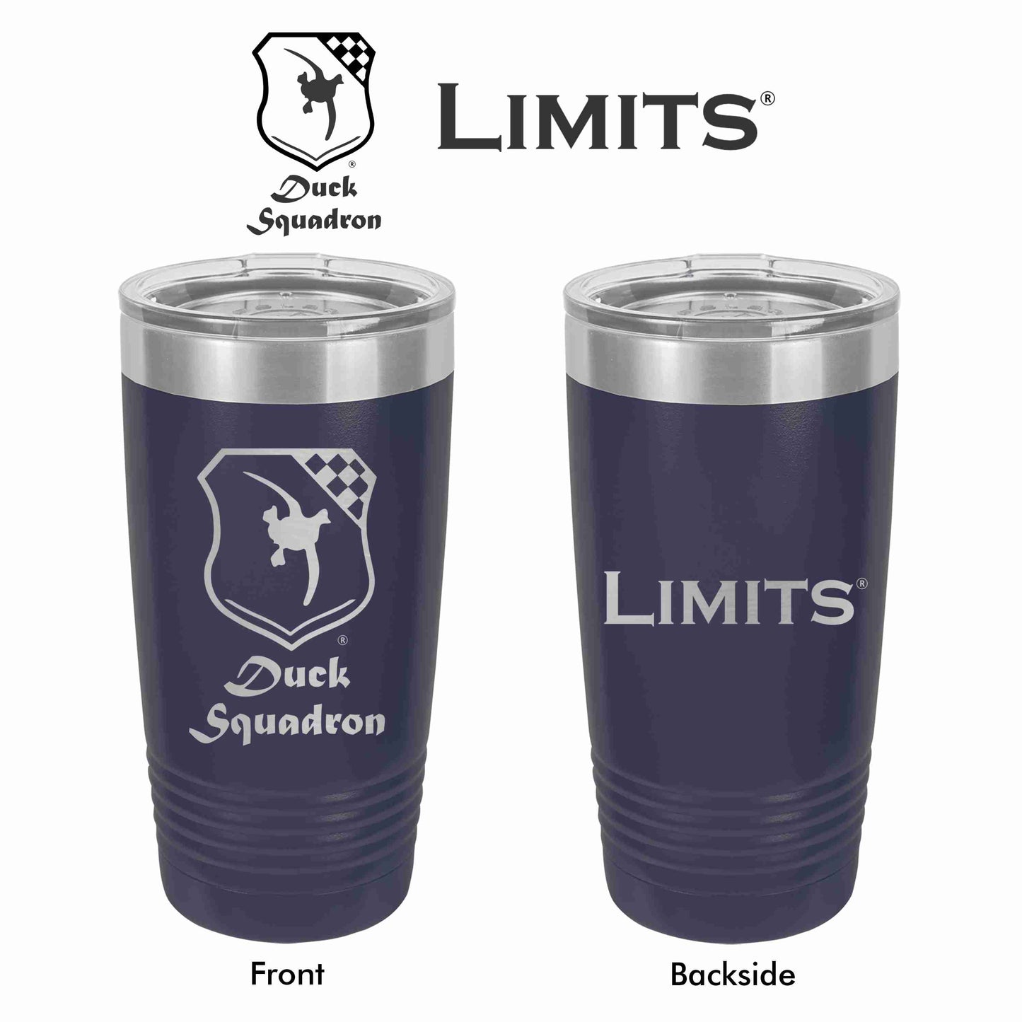 Two navy-colored 20oz stainless steel tumblers with double-wall vacuum insulation. One tumbler features front side engraving of Duck Squadron logo and the other features backside engraving of Limits logo.