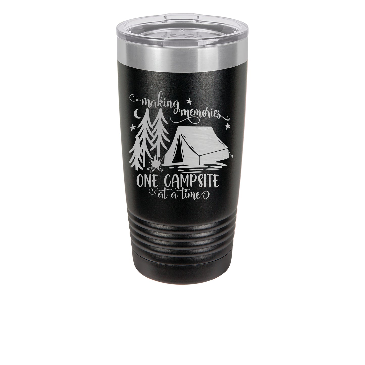 20oz Black Tumbler with saying Making Memories one campsite at a time