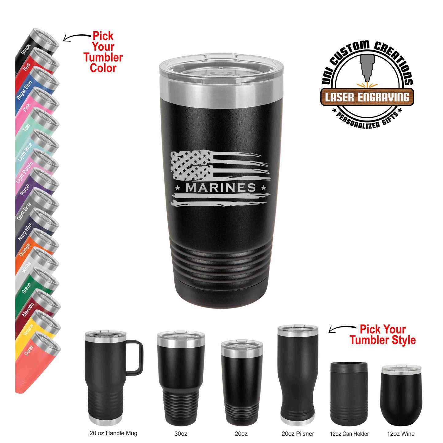 A collection of black polar camel tumblers with laser engraved American flag-themed graphics, indicating various sizes and styles including a 20oz hand-wash recommended tumbler with a clear lid.