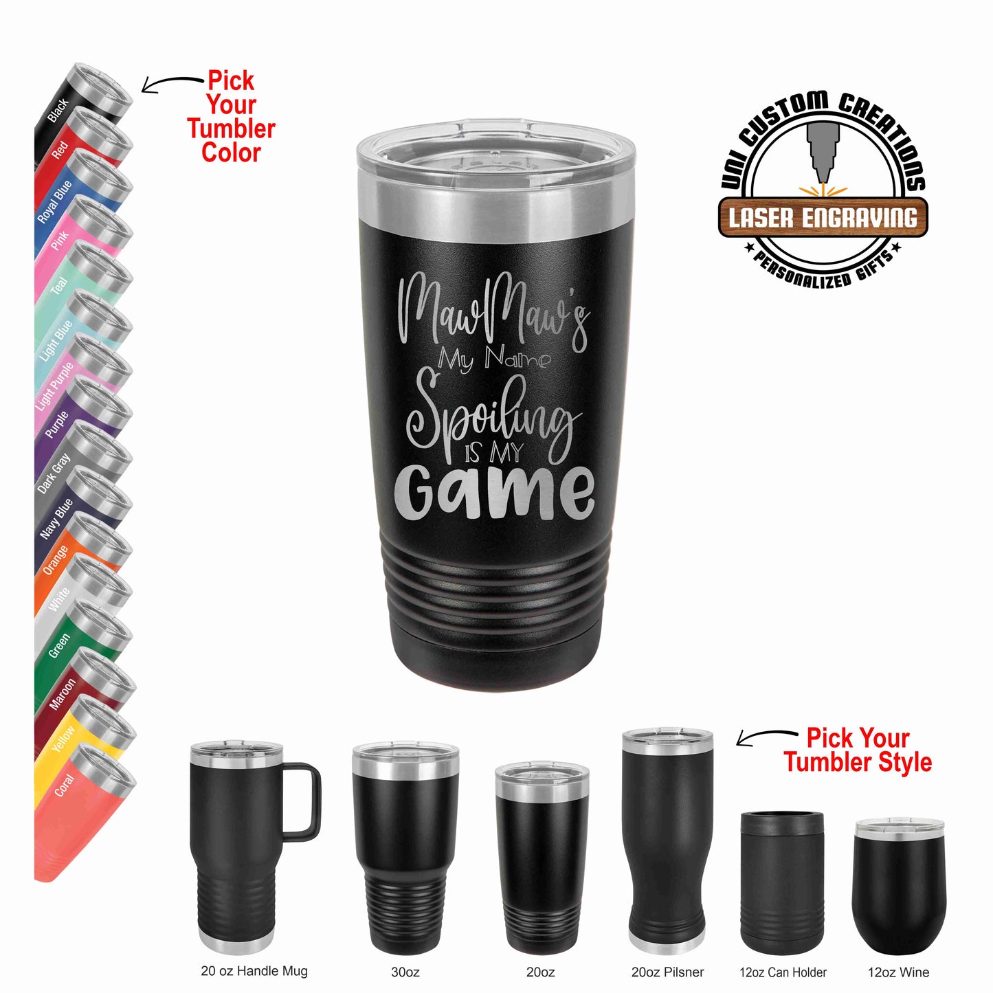 A collection of Polar Camel tumblers in various sizes, with a black base and a textured surface. Tumblers are displayed with colorful lids and are marked with the inscription 'MAWMAW'S SPOOLING GAME TUMBLER'.