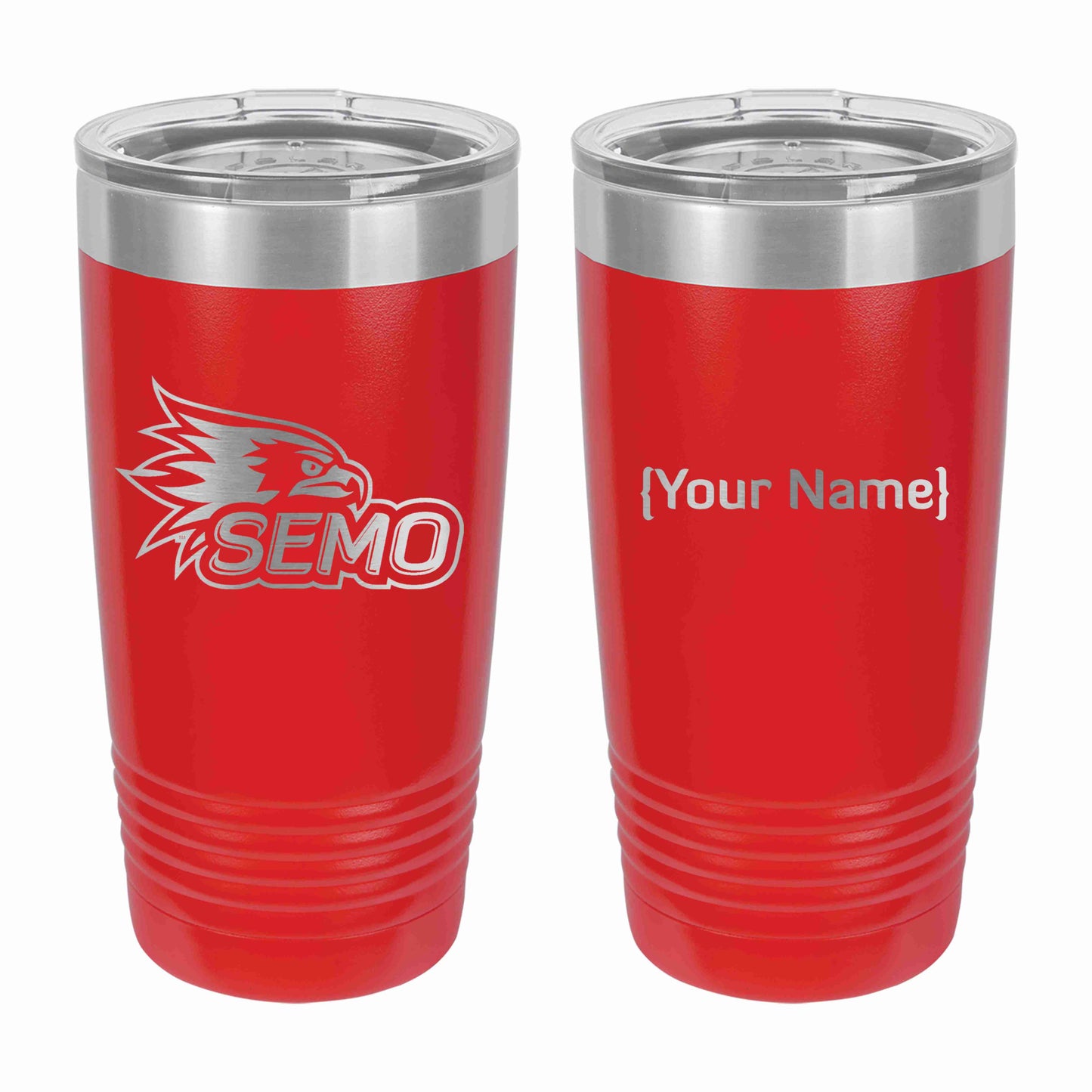 Two red stainless steel tumblers with clear lids, laser engraved with 'SEMO' and a place holder for a name.