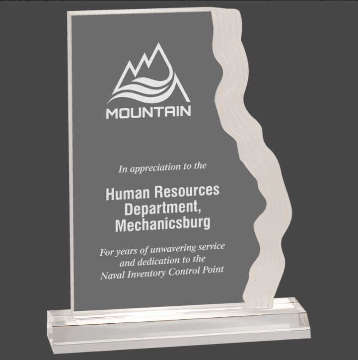 An acrylic award with a clear frosted edge and waterfall design, featuring a mountain logo and text that acknowledges the Human Resources Department in Mechanicsburg for years of service.
