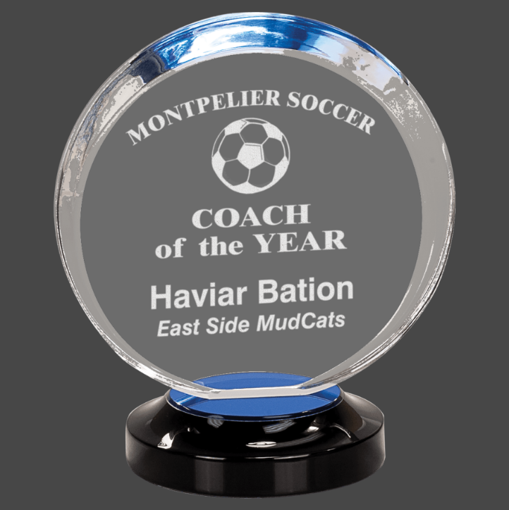An engraved acrylic award with a Blue and black base, featuring a personalized message