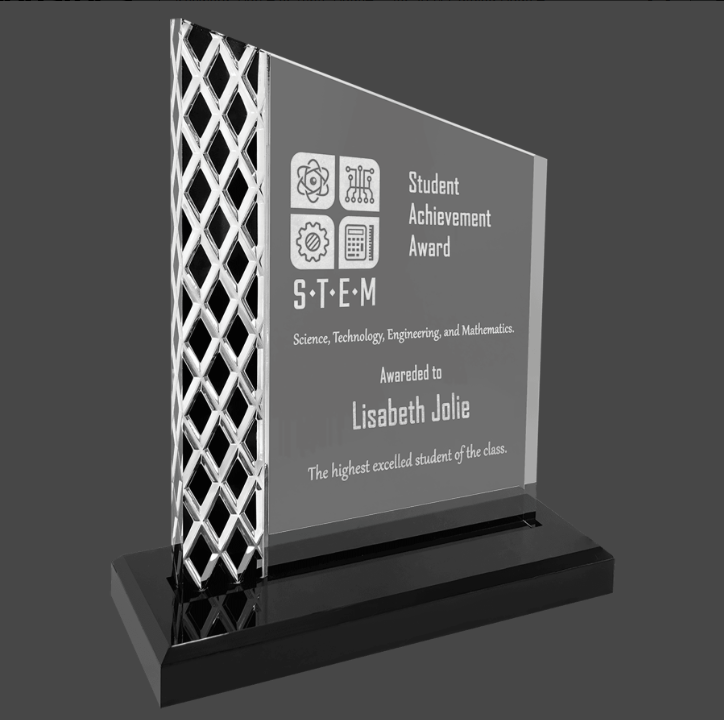 An acrylic award with a black mirror base, featuring a geometric pattern design on the sides, and a customized engraving.