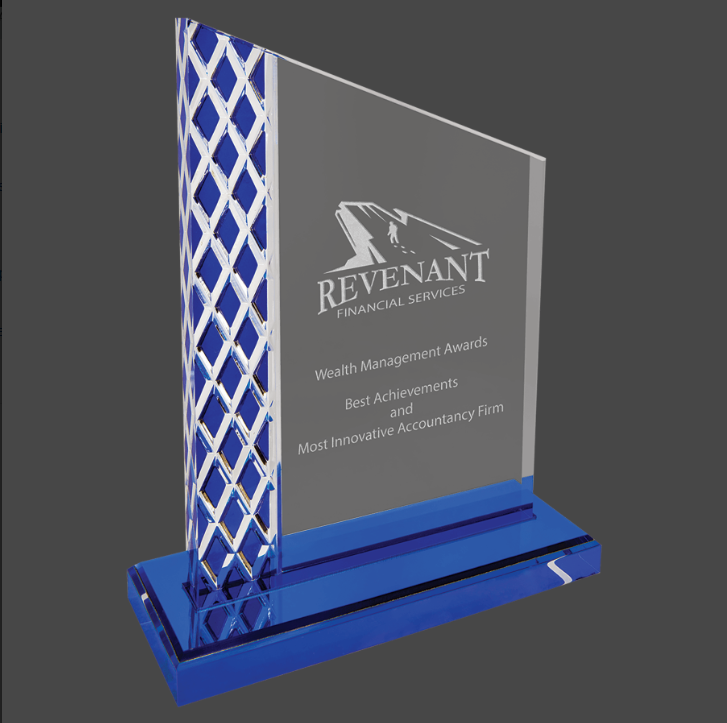 An acrylic award with a black mirror base, featuring a geometric pattern design on the sides, and a customized engraving.