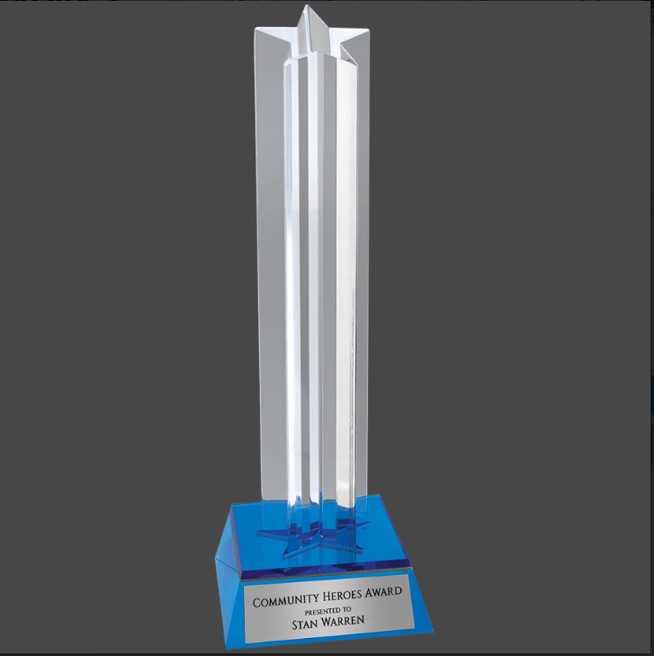 An acrylic award with a blue base, featuring a clear star column with custom personalizing 