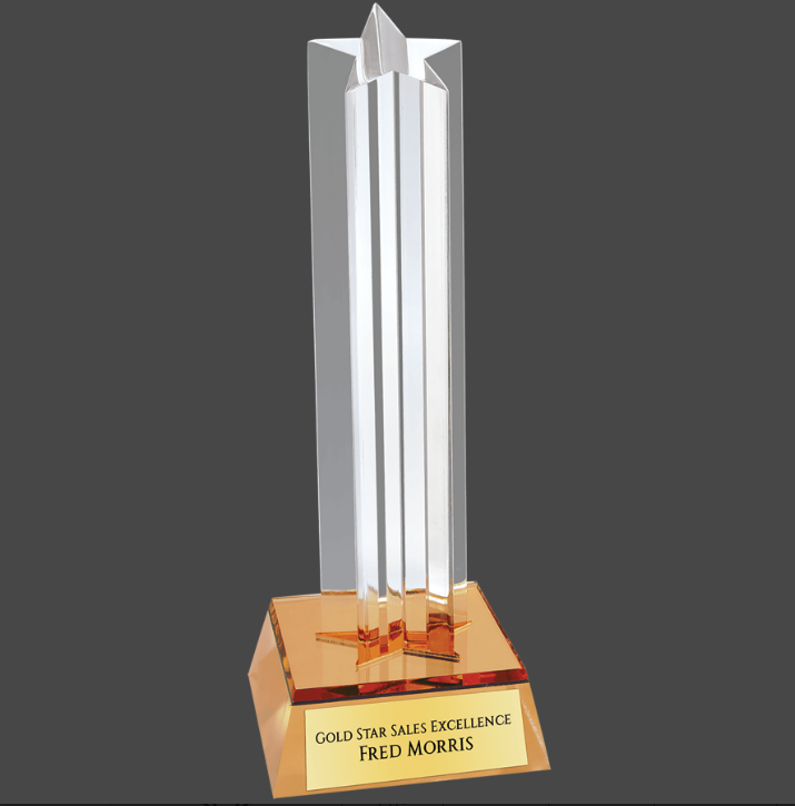 An acrylic award with a gold base, featuring a clear star column with custom personalizing 