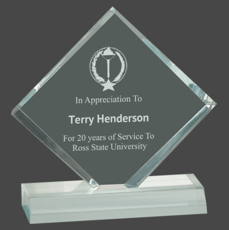 An engraved acrylic award with a beveled edge, featuring a text plaque for appreciation.