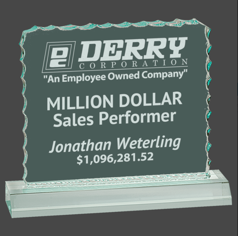 An acrylic award with a jade background featuring text that reads 'Deryry Corporation Million Dollar Sales Performer Jonathan Weitling $1,096,910.18' along with the company's logo.
