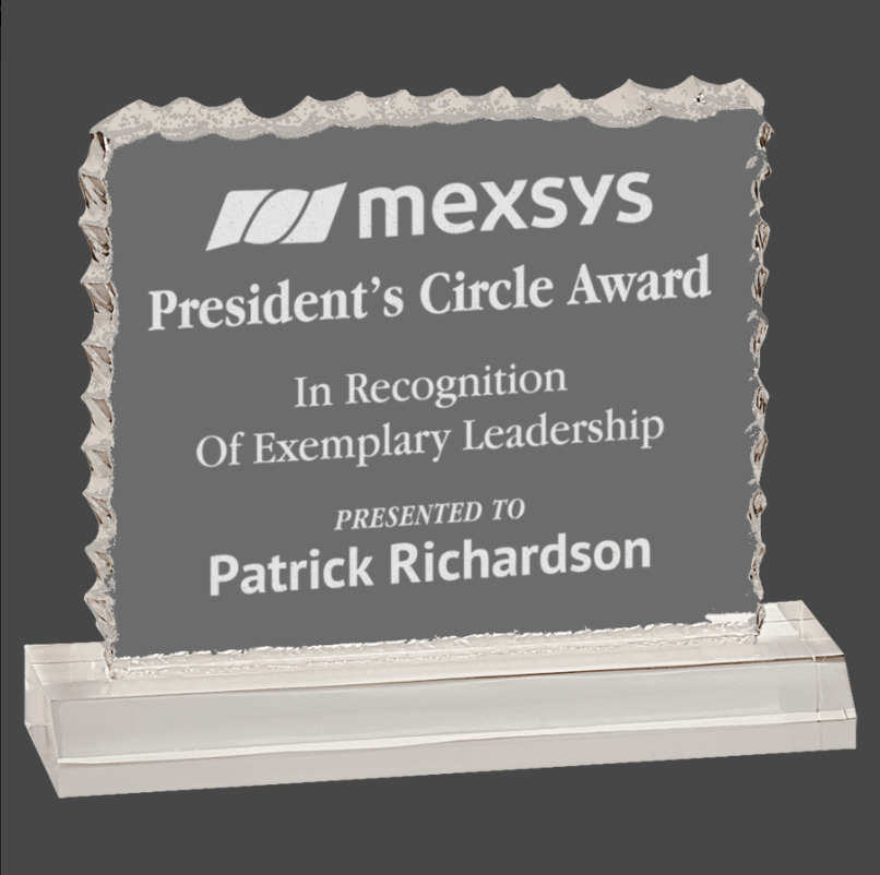 An Clear acrylic award with a featuring Custom text