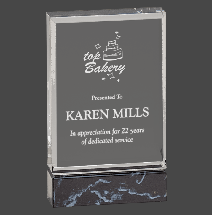 An acrylic award with a hydrofoil graphic in black, white, and gray, presenting an appreciation plaque for 25 years of dedicated service.