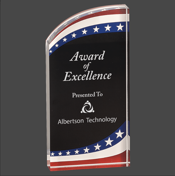 An acrylic award with a marbleized design featuring stars and stripes in red, white, and blue colors, with personalized engraving text.