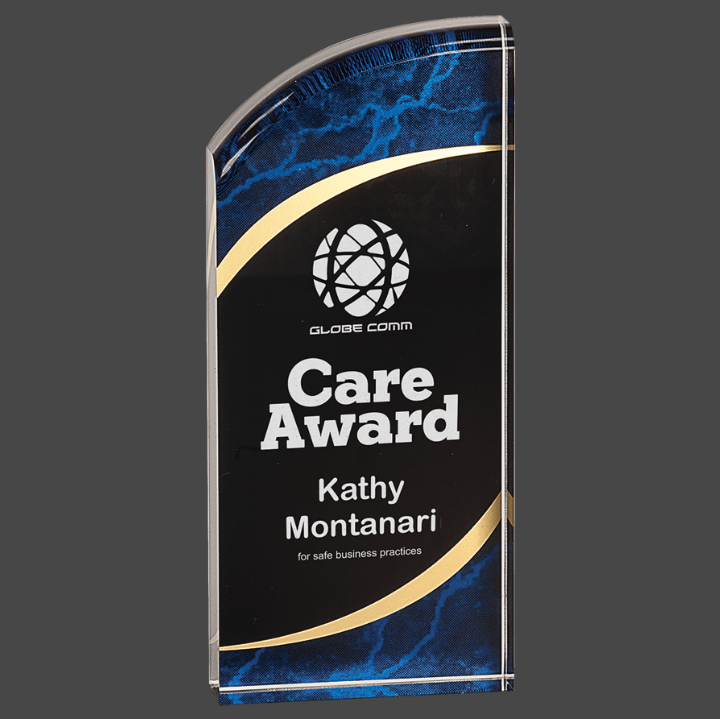A blue marbleized acrylic award with a black and gold engraving plate that reads 'Globecom CARE AWARD' and includes a logo.