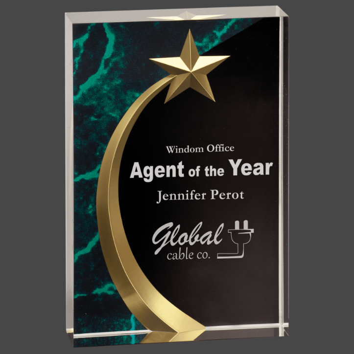 An acrylic award with a green marble background and a gold star design, featuring custom text and logo for an employee of the year award.