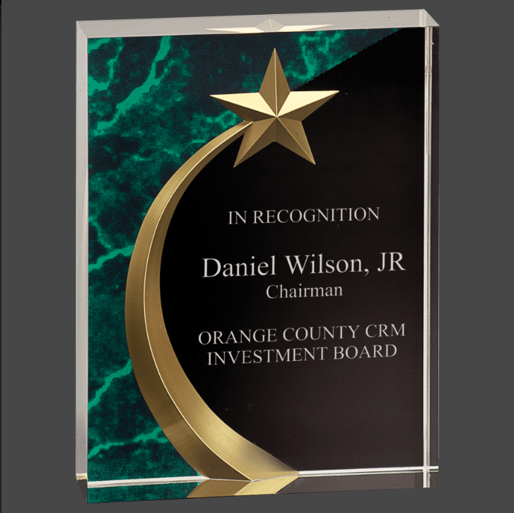 An acrylic award with a green marble background and a gold star design, featuring custom text and logo for an employee of the year award.