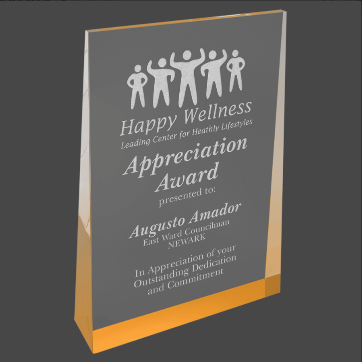 An acrylic wedge award with a gray base and a gold wedge-shaped top, featuring custom engraving text and logos, presented to recognize an individual's contributions.
