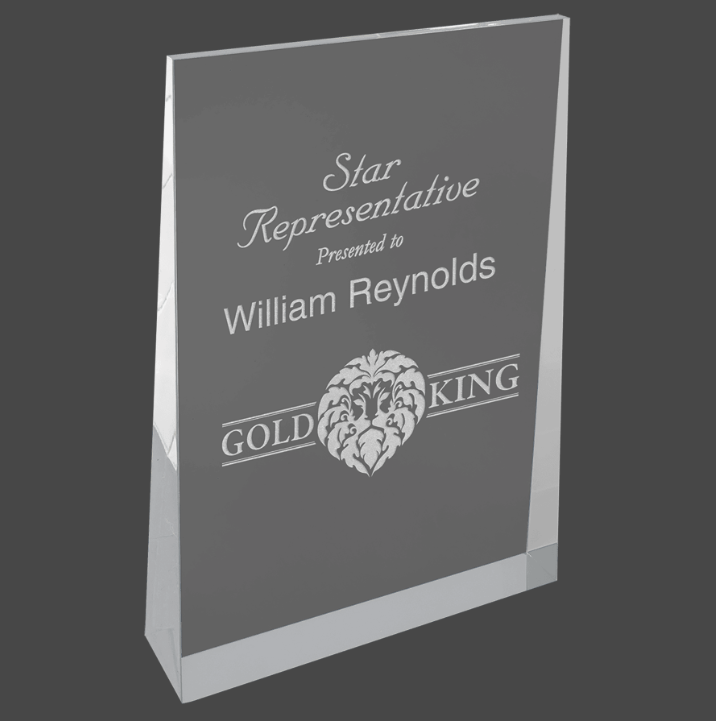 A silver acrylic wedge award with custom laser engraving text and logo.