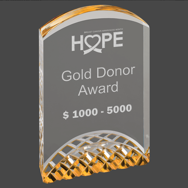 A Gold and Clear acrylic award with a custom laser engraving of a logo and text