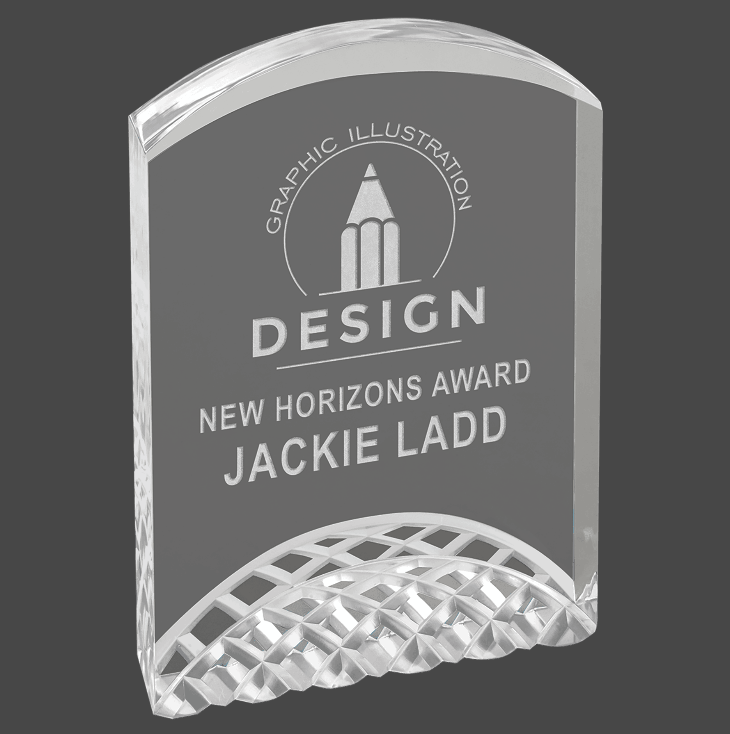 A Silver acrylic award with a custom laser engraving of a logo and text