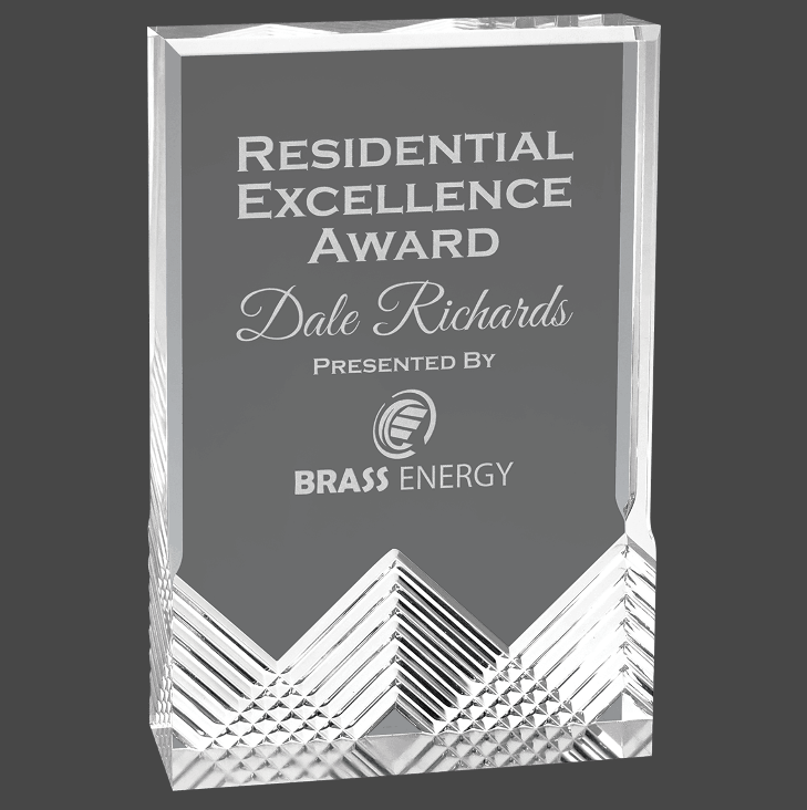 A Silver mirage acrylic award with custom laser engraving, featuring text and a logo.
