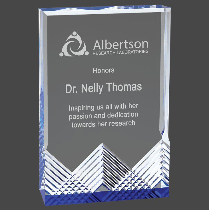 A Blue mirage acrylic award with custom laser engraving, featuring text and a logo.