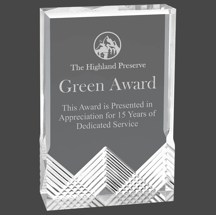 A Silver mirage acrylic award with custom laser engraving, featuring text and a logo.
