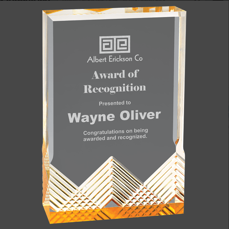 A gold mirage acrylic award with custom laser engraving, featuring text and a logo.