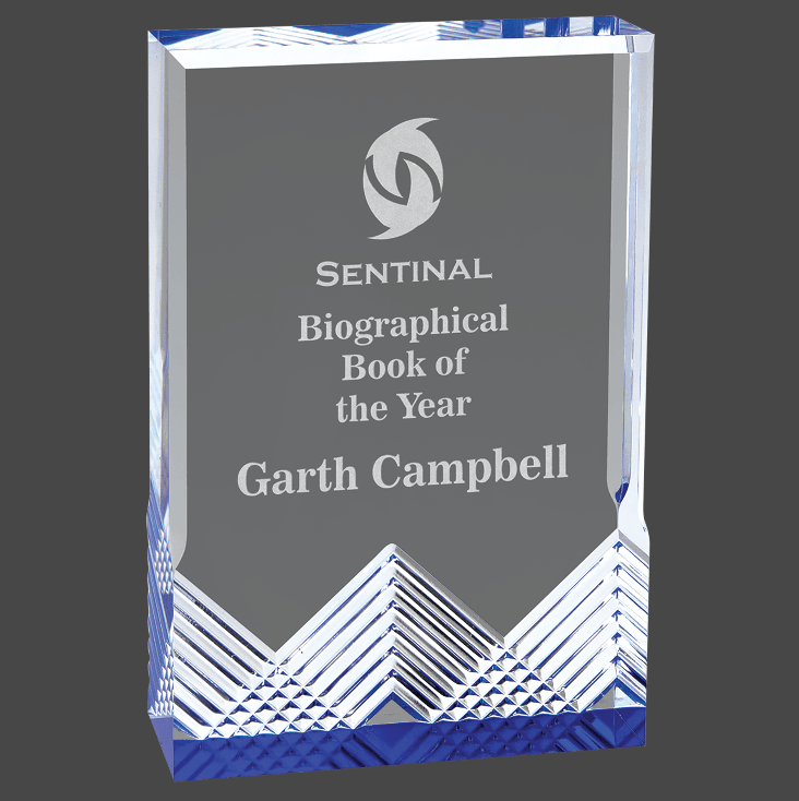 A Blue mirage acrylic award with custom laser engraving, featuring text and a logo.
