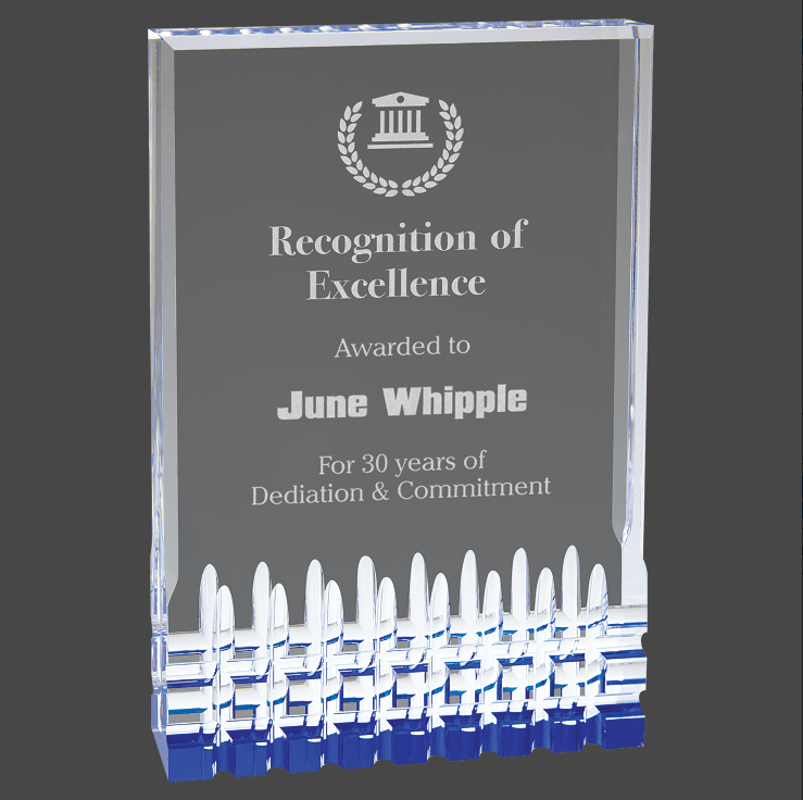 A blue mirage acrylic award with custom laser engraving, featuring text and a logo.
