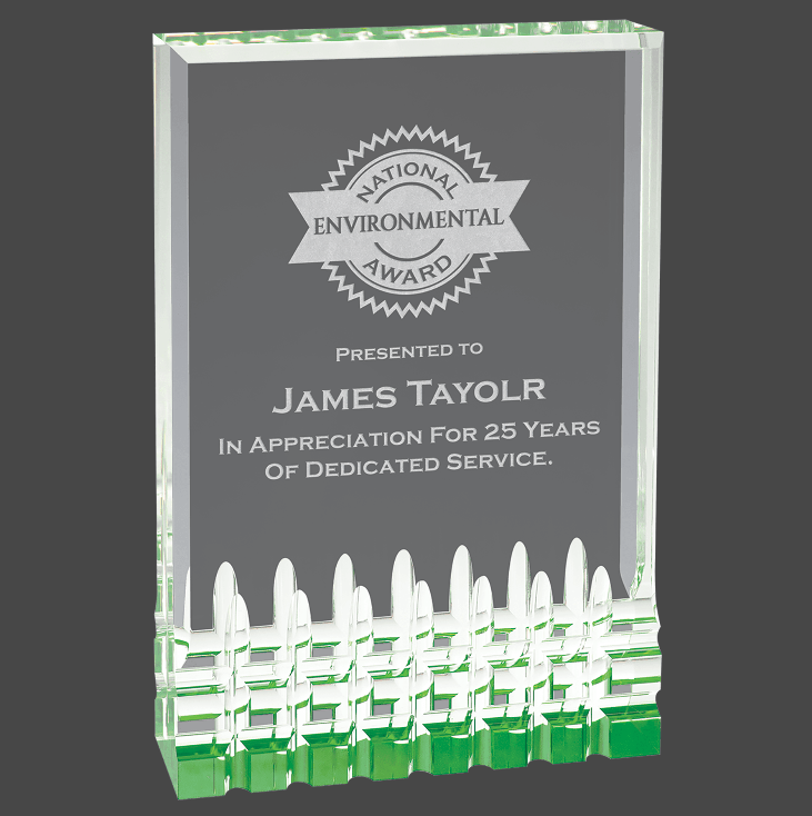 A green mirage acrylic award with custom laser engraving, featuring text and a logo.