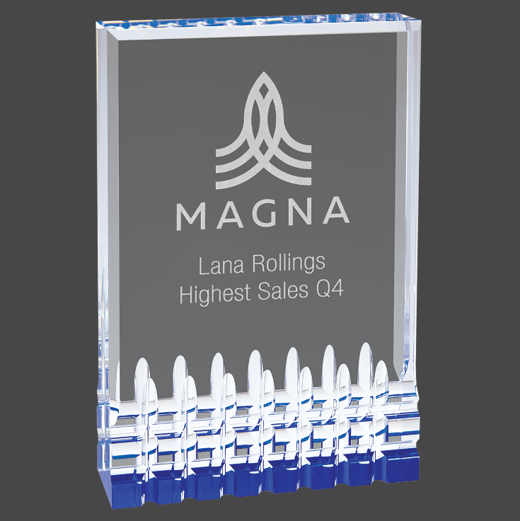 A blue mirage acrylic award with custom laser engraving, featuring text and a logo.