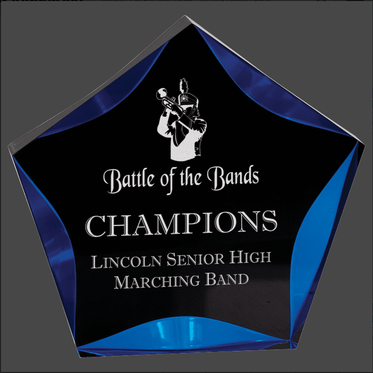 A black and blue luminary star acrylic award with custom laser engraving that reads 'Battle of the Bands Lincoln Senior High School Marching Band'.