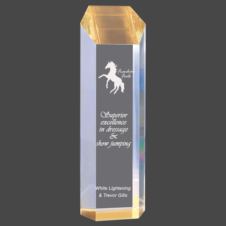 A gold-colored 3-inch by 10-inch acrylic award column design and a gold base, featuring engraved text.