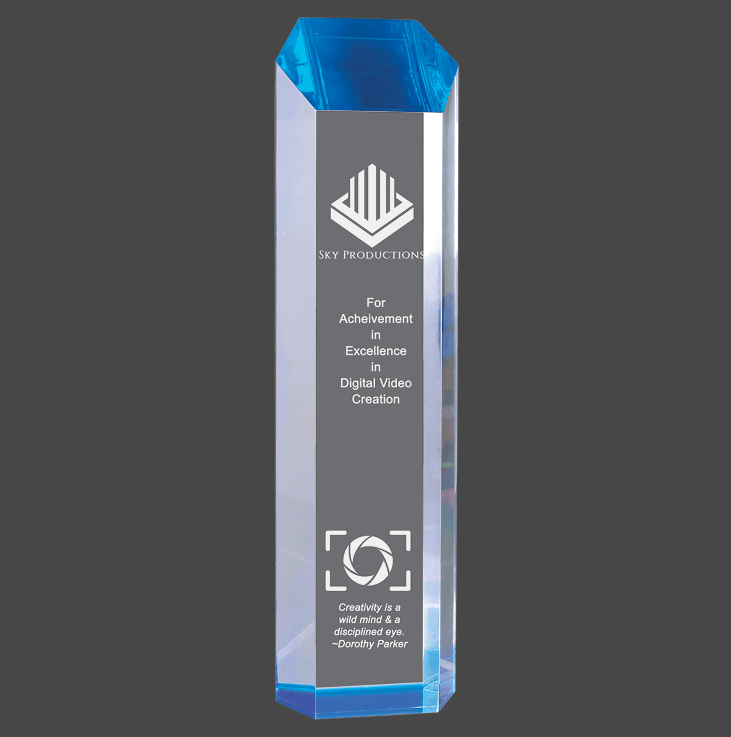 A blue acrylic award with a clear column and a silver-colored base, featuring text that acknowledges an achievement in digital video creation.