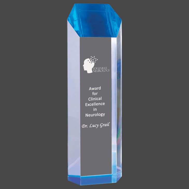 A blue-colored 3-inch by 10-inch acrylic award column design and a gold base, featuring engraved text.