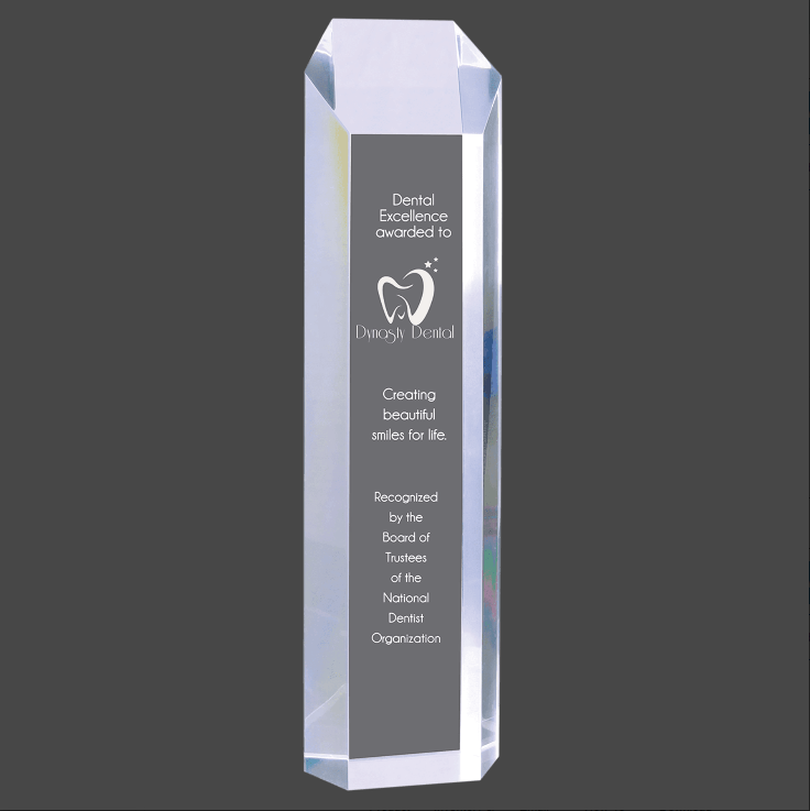 A Silver acrylic award with a clear column and a silver-colored base, featuring text that acknowledges an achievement in digital video creation.