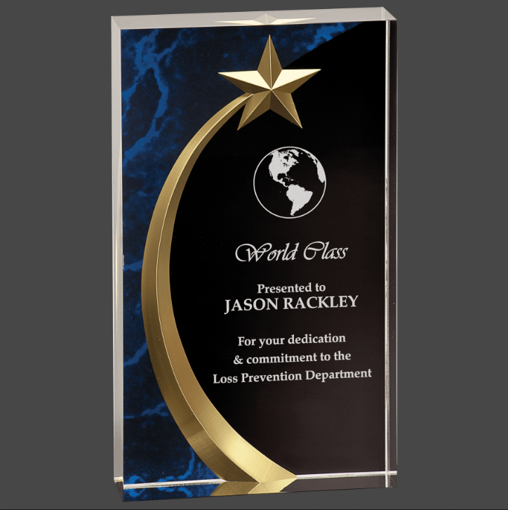 Black with blue marble acrylic award with  a Shooting gold Star 