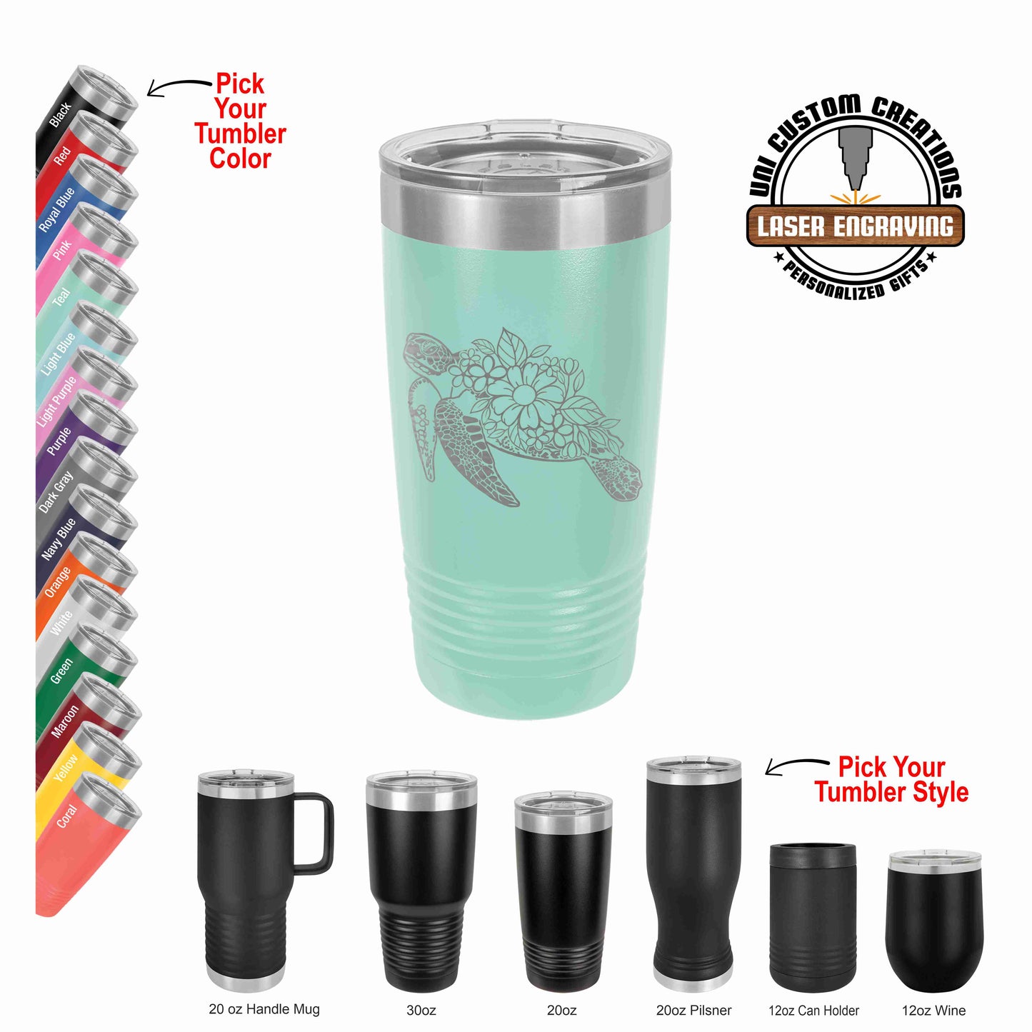 A Teal tumbler with a sea turtle and mandala Floral design, displayed alongside other tumbler colors, indicating custom laser engraving options.
