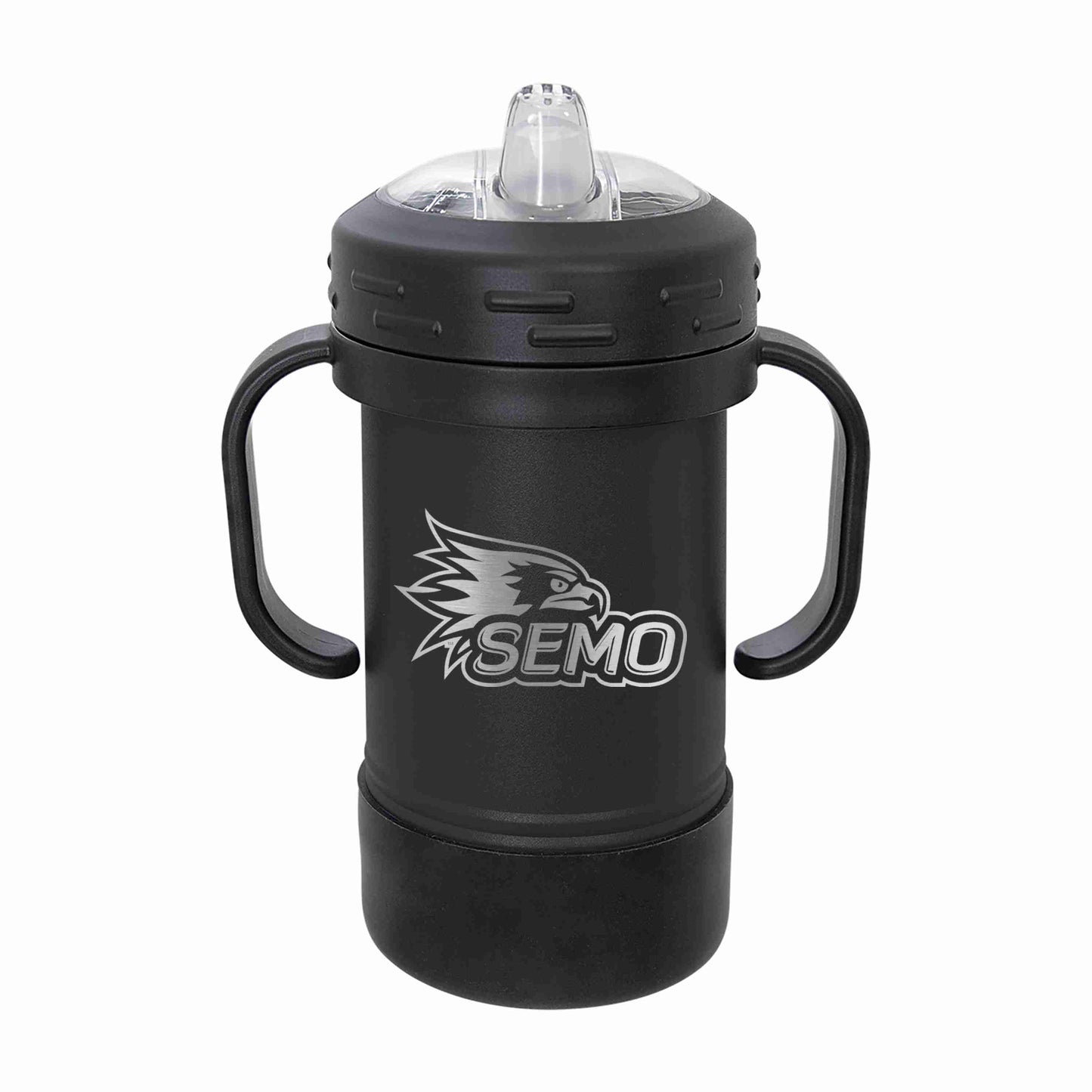 A black 10oz SEMO stainless steel sippy tumbler with a clear silicone boot and a removable handle.