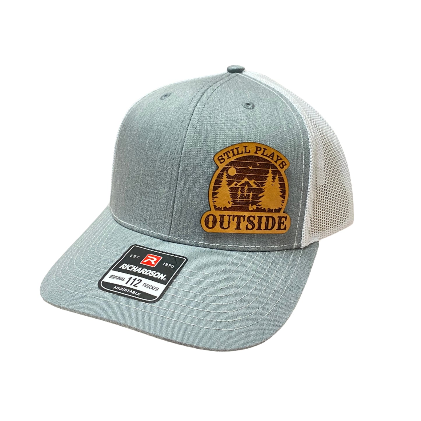 heather grey and white trucker hat with patch "Still Plays Outside'