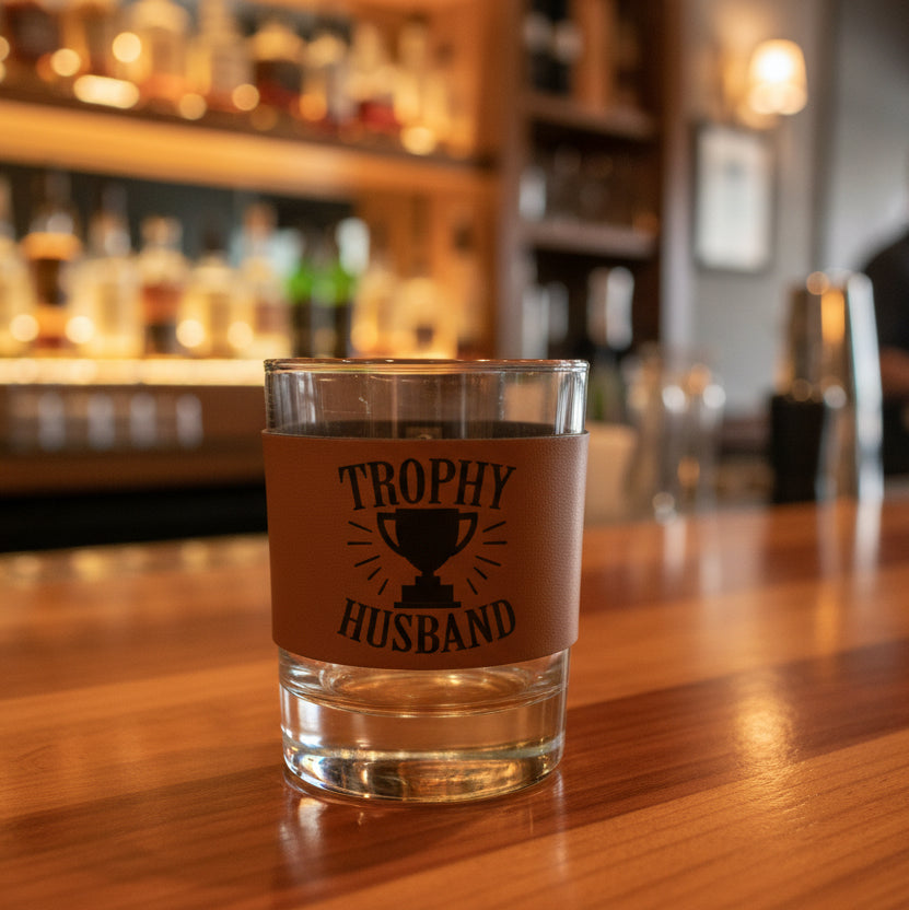 Clear glass with a brown label reading 'Trophy Husband' on a white background