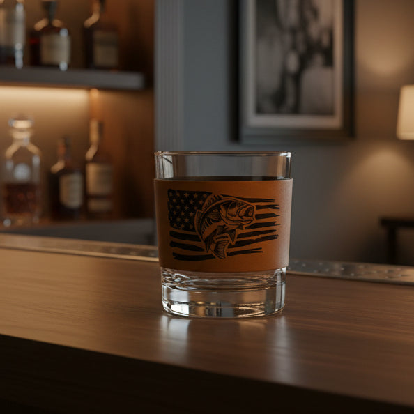 Clear glass with a brown leather label featuring a black design on a white surface