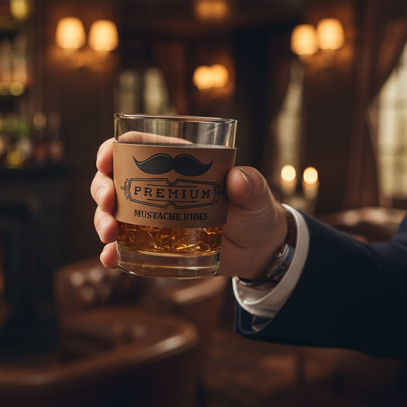 Clear glass with a brown label featuring a mustache graphic on a white surface.
