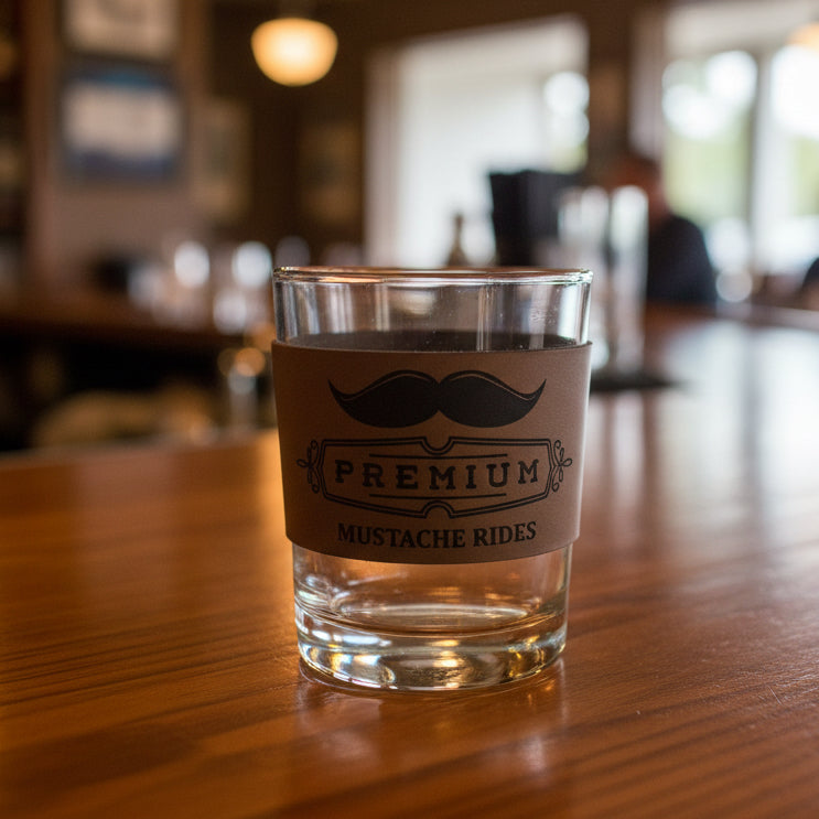 Clear glass with a brown label featuring a mustache graphic on a white surface.