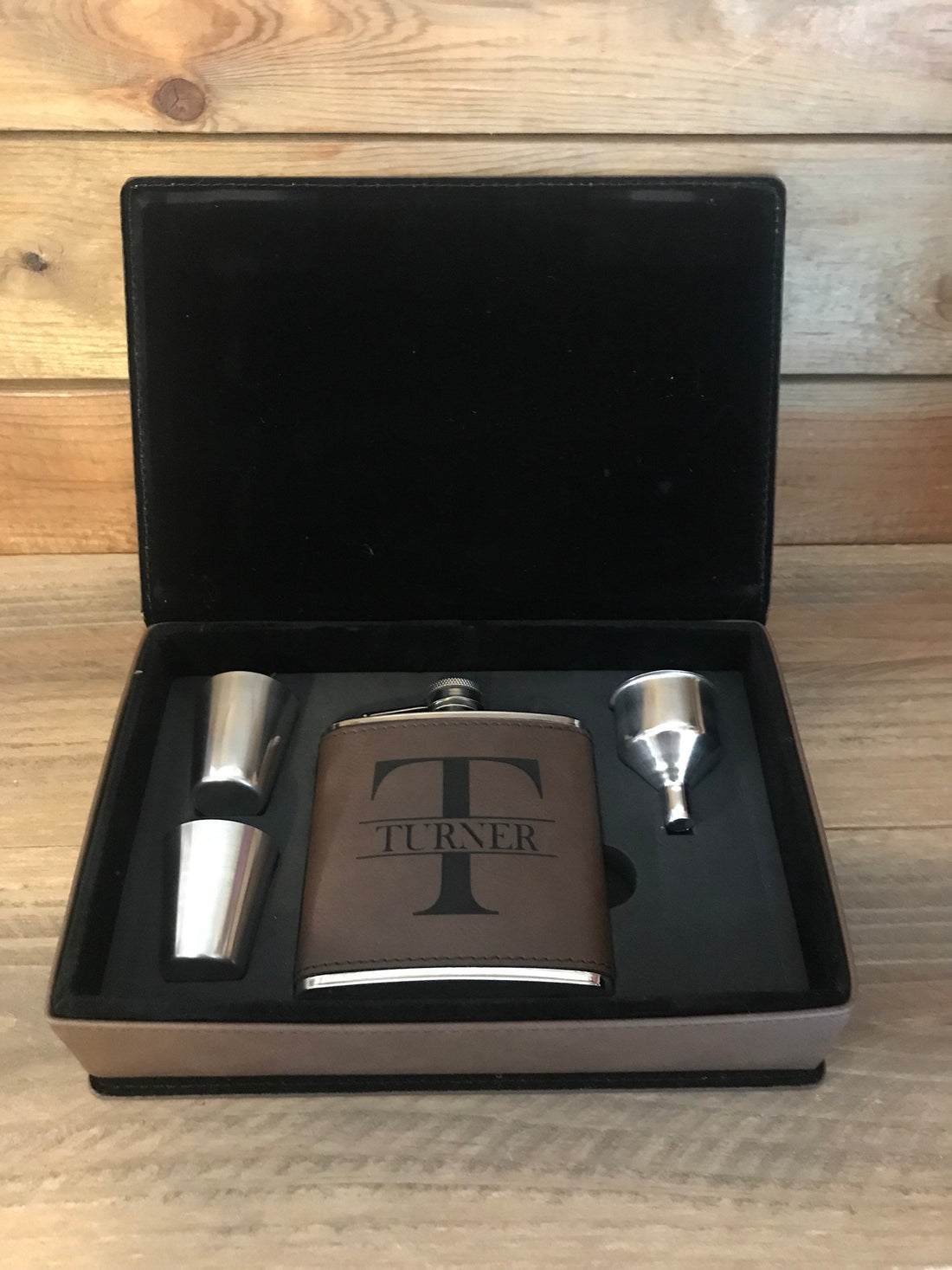Personalized 6oz Leather Flask 4pc Set
