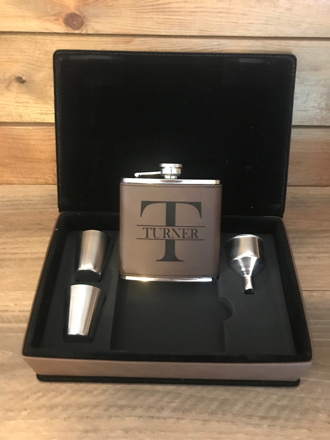 Personalized 6oz Leather Flask 4pc Set