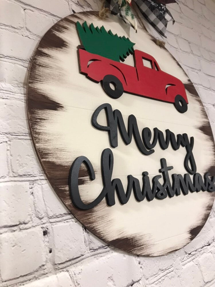 Merry Christmas Red Truck Shiplap Door Hanger